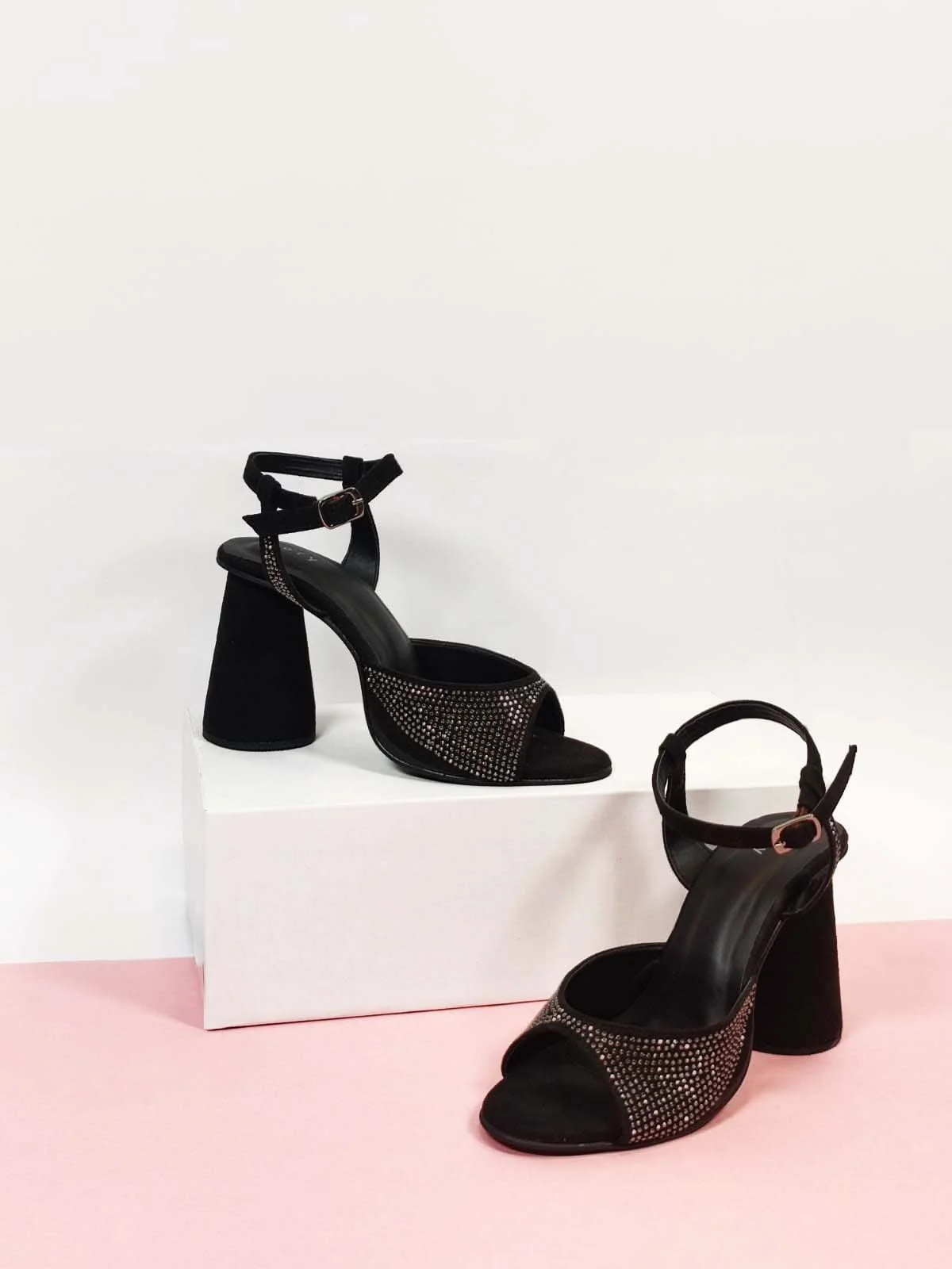 Black block-heel sandals with ankle straps