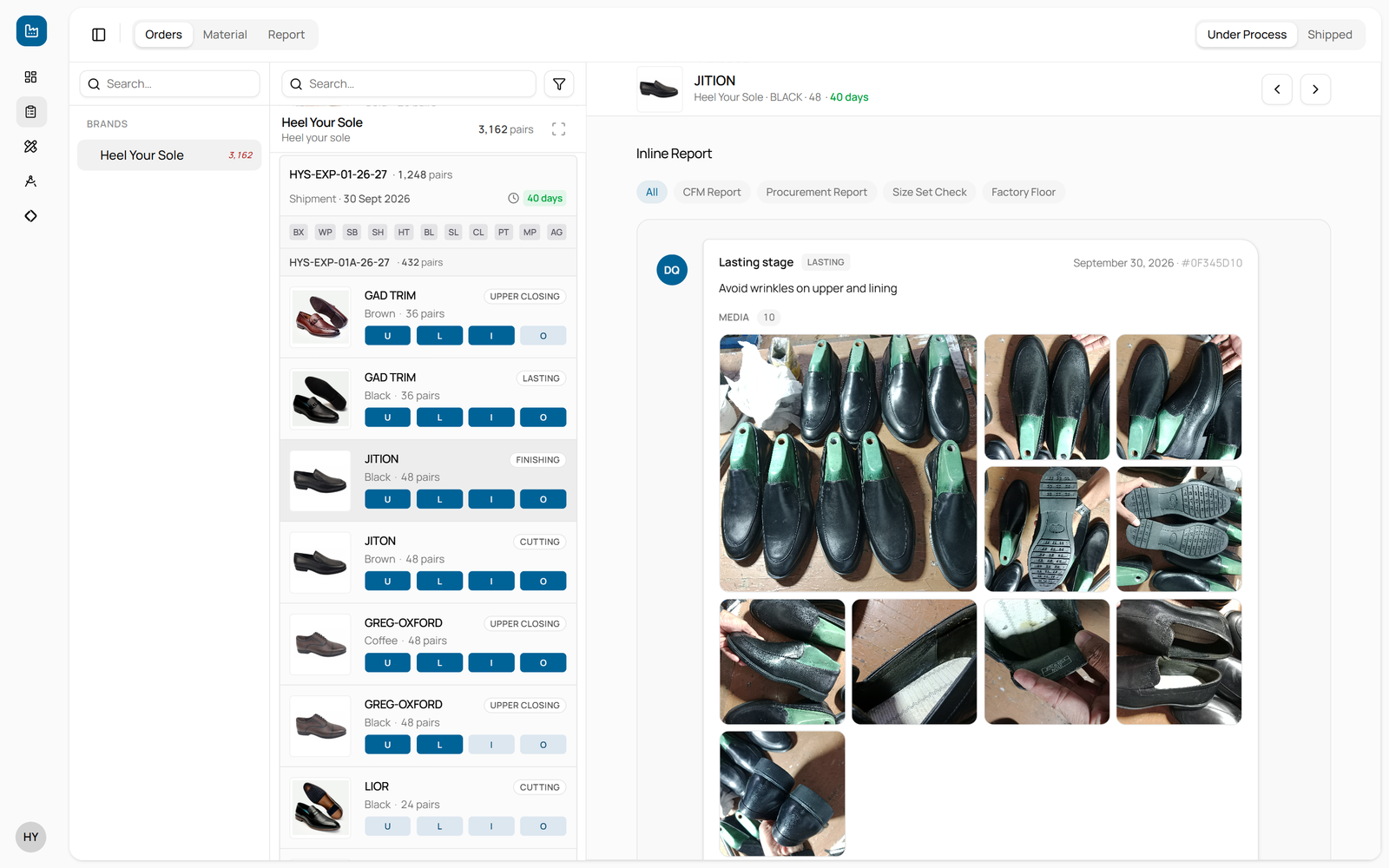 Heel Your Sole’s Vision login: an inline QC report for the lasting stage with ten photos from the factory floor