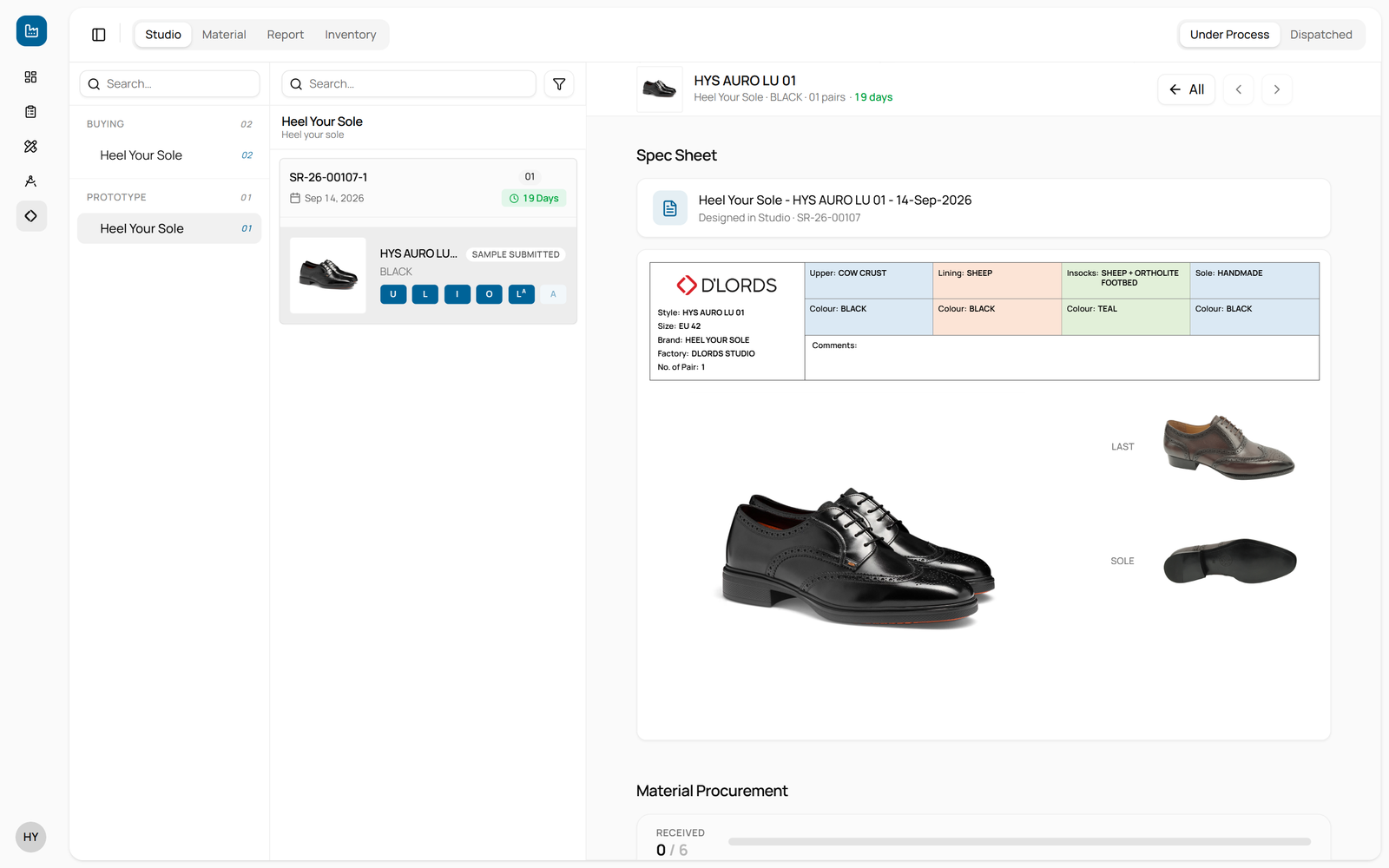 Heel Your Sole’s Vision login: the Studio spec sheet for sample HYS AURO LU 01 — upper, lining, insock and sole materials and colours, with the shoe, its last and its sole