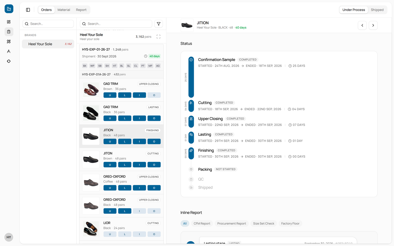 Heel Your Sole’s Vision login: order HYS-EXP-01 with article photos, and the JITION article’s stage timeline from confirmation sample through cutting, upper closing, lasting and finishing to packing, QC and shipped